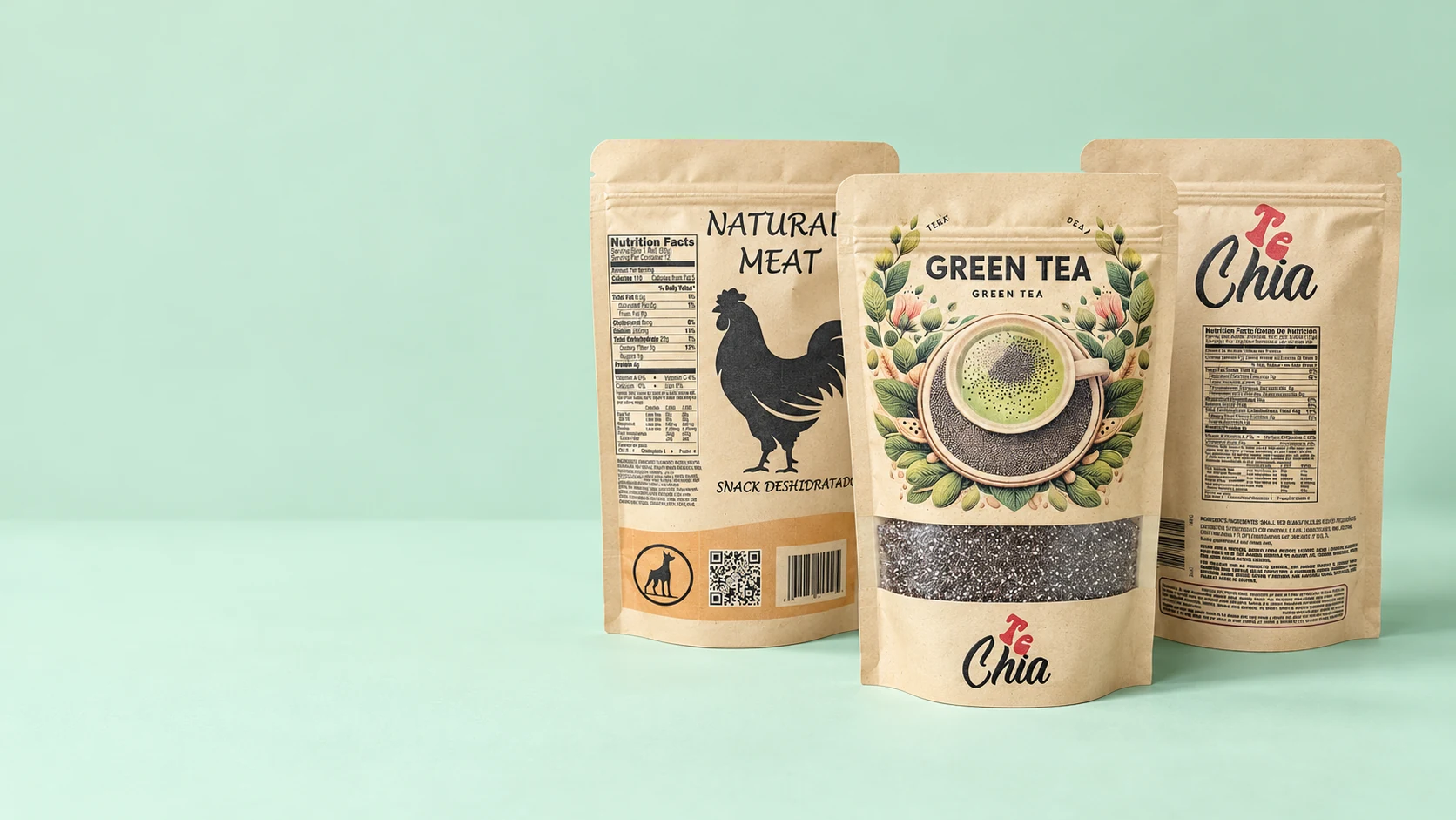 Doypacks kraft personalizados con diseño botánico, ilustración de gallo y vista posterior impresa, sobre fondo menta