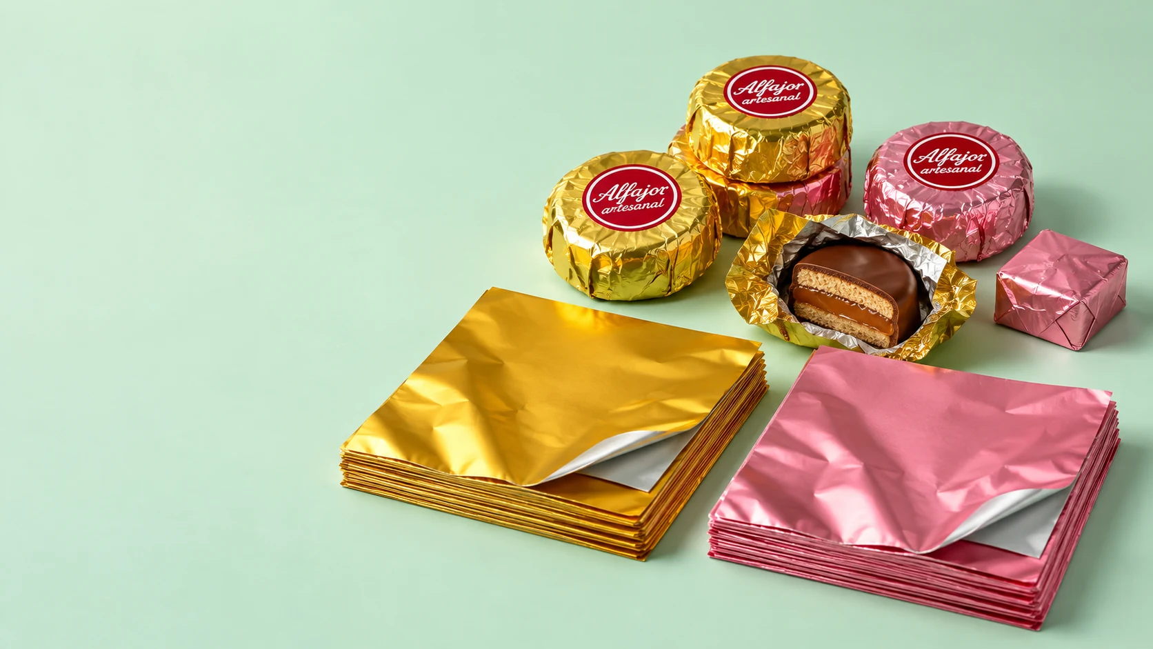 Láminas de papel metalizado dorado y rosa junto a alfajores artesanales y chocolates envueltos, sobre fondo menta