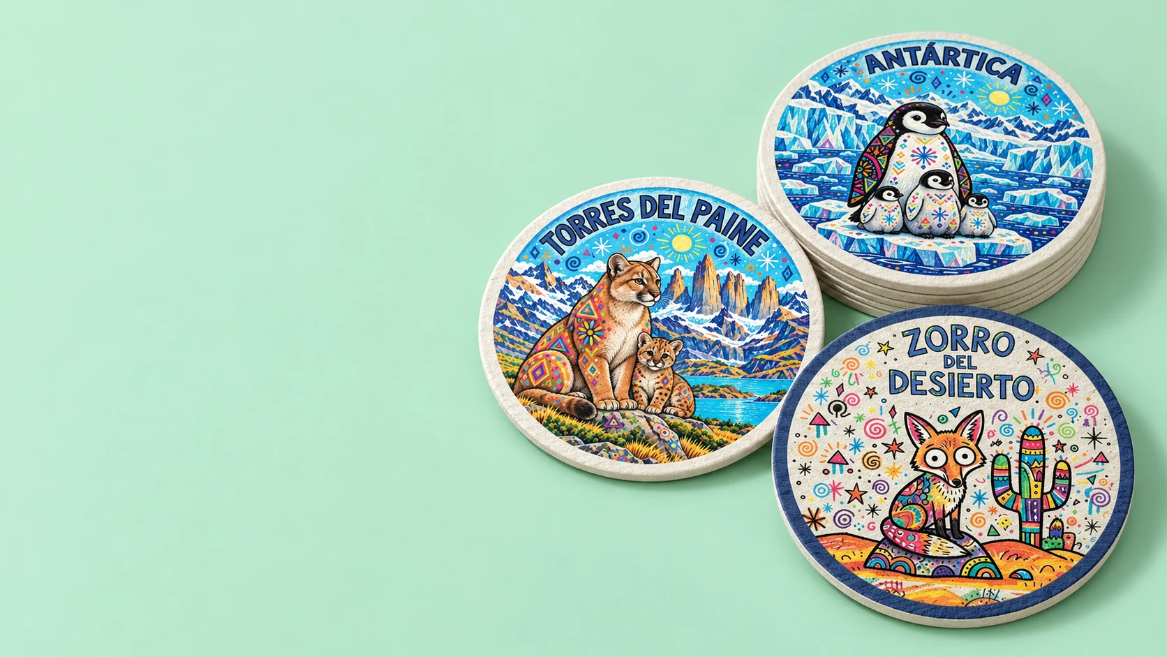 Posavasos de cartón absorbente de pulpa mecánica: Antártica, Torres del Paine y Zorro del Desierto